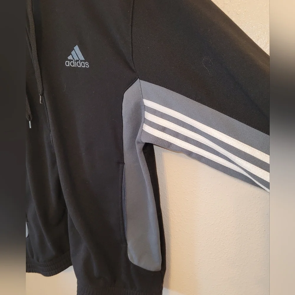Adidas Mens Full Zip Black Hooded Sweatshirt with Gray Stripes